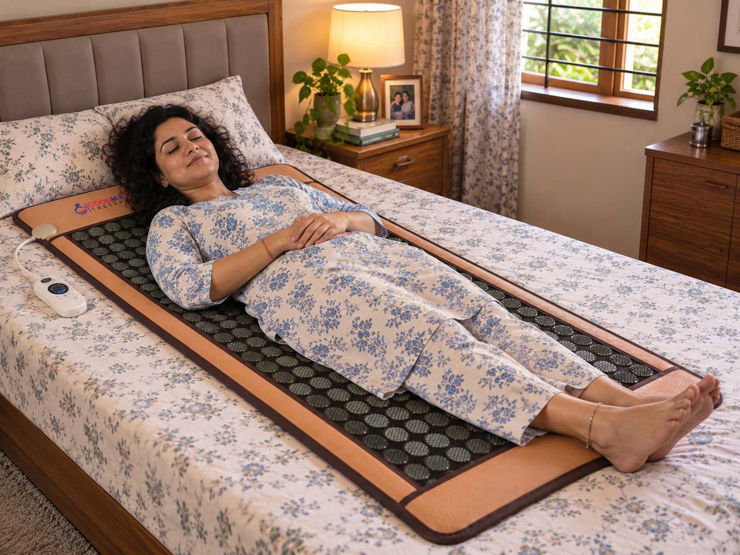 A mother resting comfortably on the Coolma Therapy Mat at home