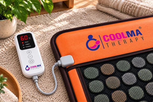Close-up of the handheld controller showing 60°C with heat, timer and power indicators, beside the mat's embroidered Coolma Therapy logo