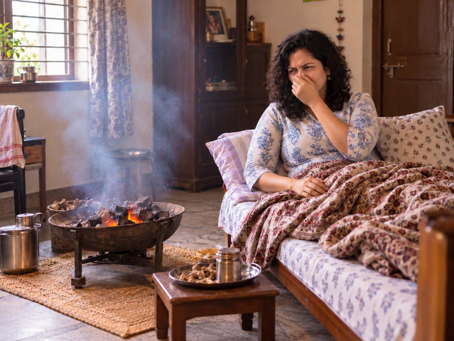 The traditional postpartum warming method — an open coal fire filling the room with smoke